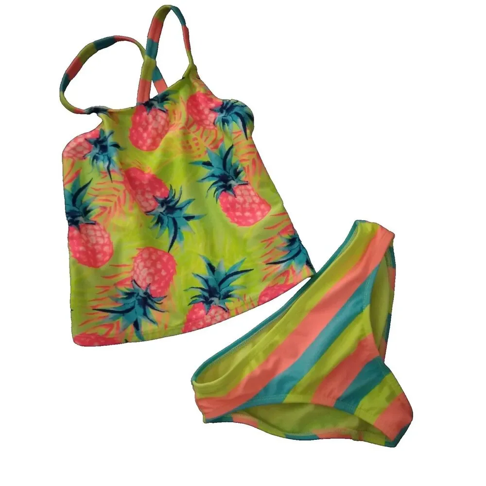 Swimsuit Girls Size 6 Tankini Bright Neon Pineapple 2pc Boating Beach Children